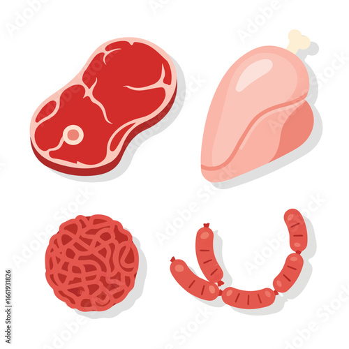 Vector design of meat, minced meat, chicken and sausage for advertising and motion graphics