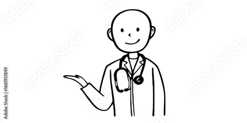 Illustration of a doctor wearing a stethoscope and a white coat presenting something with his left hand