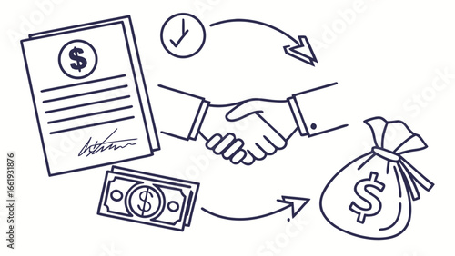 Handshake with money bag and contract showing financial agreement and timely transaction represented