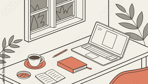 Illustration of a desk with a laptop, coffee, book, and plant near a window in a cozy room