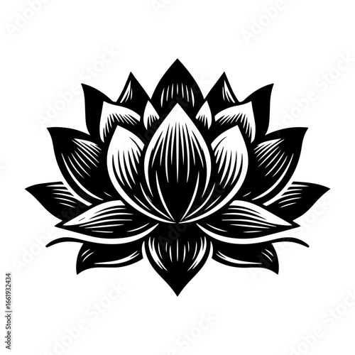 Black and white vector silhouette of a lotus on a white background.