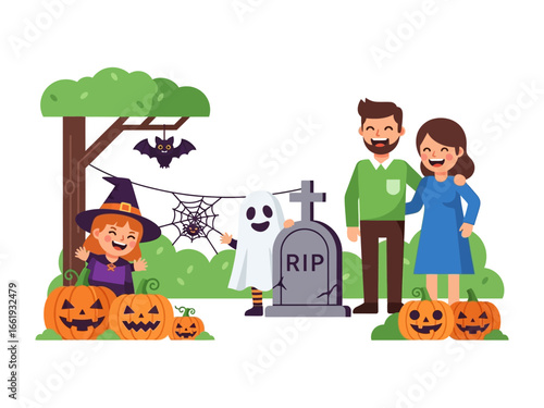 A Family's Spooktacular Adventure: A heartwarming and playful illustration of a family's Halloween gathering, filled with festive joy and the enchantment of the season.