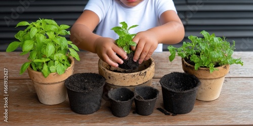 Micro farming eco-friendly concept. Child gardening with potted plants on a wooden table.