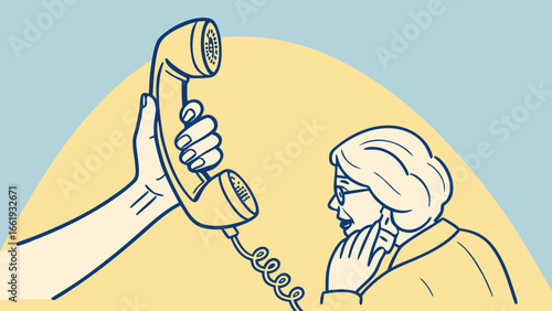 Illustration of a hand holding a vintage telephone receiver near a woman with short hair and glasses