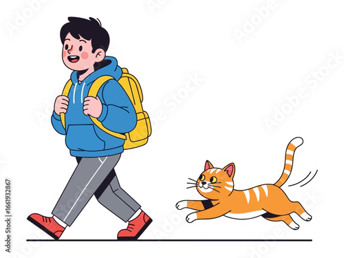 A boy walks happily with cat: A vibrant illustration captures the joyous camaraderie between a young boy and his playful feline companion as they embark on an adventure.