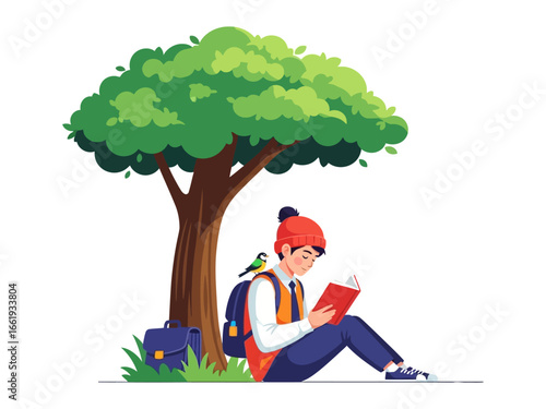 Under the Tree: A young scholar absorbed in the pages of a book beneath the nurturing shade of a grand tree, with nature's watchful eye of a colorful bird perched nearby.