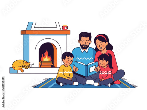 Family Storytime by the Fireplace: A close-knit family gathers around a cozy fireplace, enjoying storytime. The heartwarming illustration portrays a scene of love, bonding.