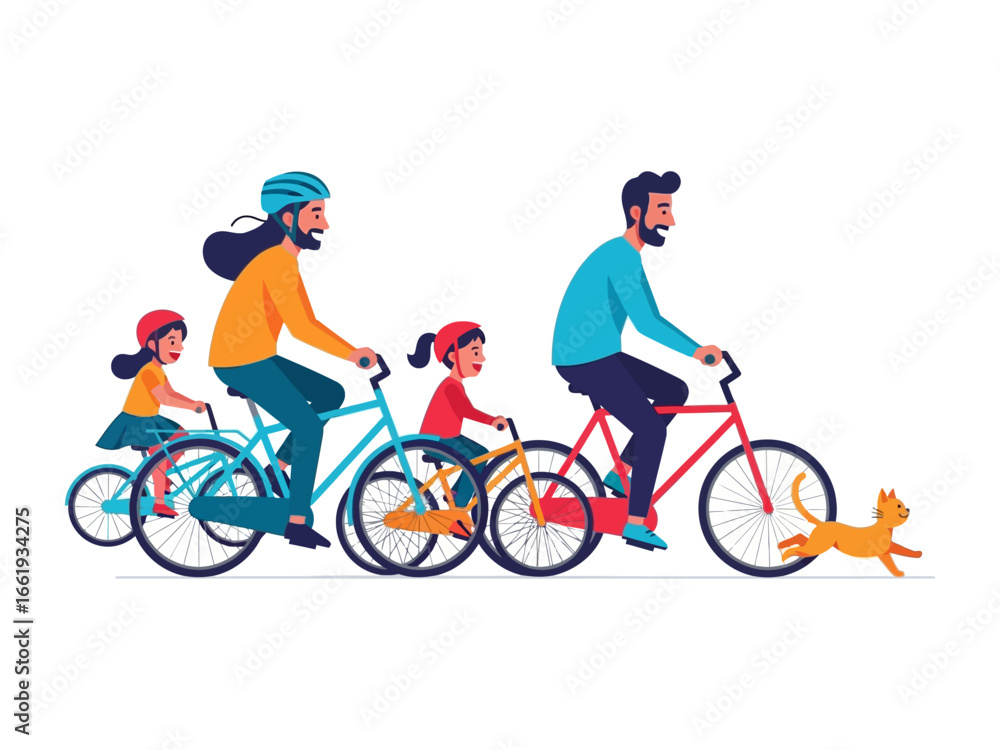 Fototapeta premium Family Cycling Adventure: An illustrative scene captures a family's joyous bike ride with a running cat, creating a vibrant tableau of familial love, outdoor adventure, and active leisure.