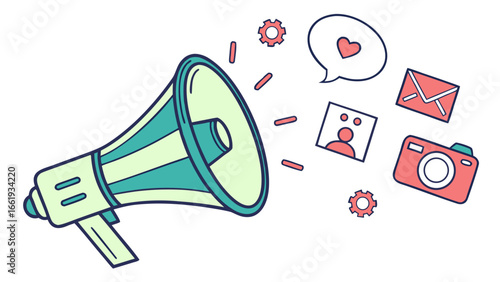 A megaphone with social media icons including a camera, heart, email, and profile picture around it