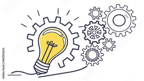 Lightbulb and gears illustration depicting innovation and mechanical processes for business solutions