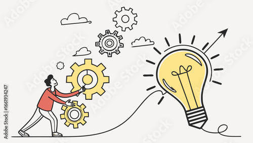 Man pushing gears towards lightbulb with upward arrow representing innovation and progress idea