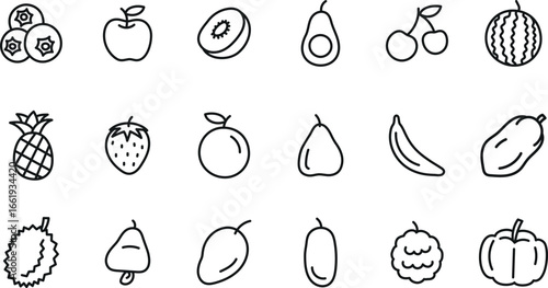 hand drawn fruit icon set - Adjustable Line Weight - mango, kiwi, blueberry, apple, avocado, watermelon, strawberry, durian, pumpkin, banana