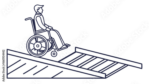 Line drawing of a person in a wheelchair going down a ramp with parallel lines for accessibility design
