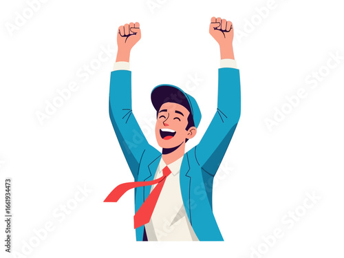 Optimistic Entrepreneur's Victory: An illustration depicting a triumphant entrepreneur celebrating success with arms raised high in jubilation, symbolizing achievement.