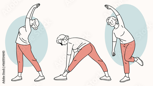 Illustration showing a woman in three different yoga poses for flexibility and balance training exercise
