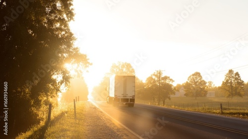 A rural road bathed in warm sunlight during sunrise or sunset, lined with trees and a fence,