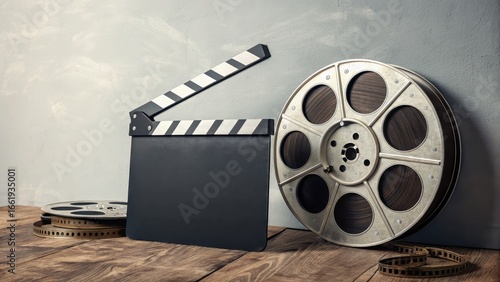 Film Production Elements with Clapperboard and Vintage Reel in Studio