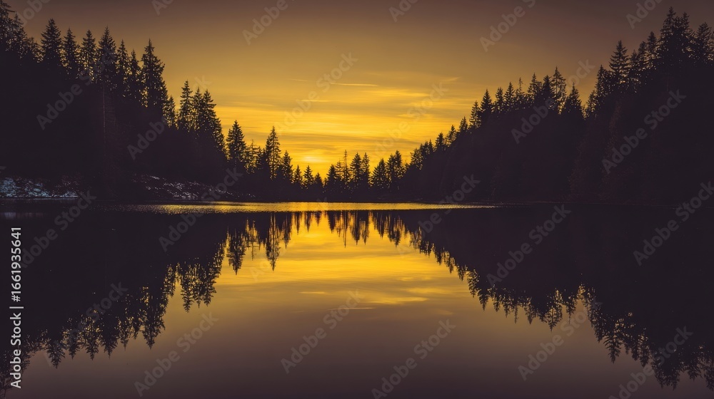 Obraz premium A serene sunset over a tranquil lake,