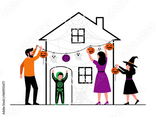 Halloween Preparation: Family members collaborate to decorate their home with festive Halloween ornaments, creating a spooky yet cheerful ambiance for a night of trick-or-treating.