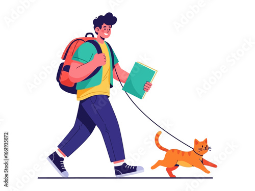 Leisurely Stroll: A cheerful individual enjoys a walk with a domestic feline, enjoying the great outdoor with book in hand, representing the perfect companionship.