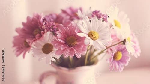 A delicate bouquet of pink and white flowers in various stages of bloom,