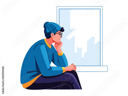 Man Contemplating the World: A pensive man, framed by a minimalist window, is lost in thoughtful reflection, suggesting introspection and a world of possibilities.