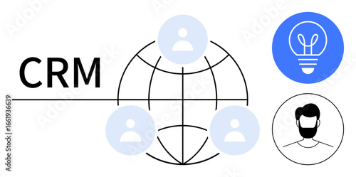 CRM text alongside global network with user icons, innovation lightbulb, and profile icon. Ideal for CRM tools, innovation, collaboration, software applications, customer management, networking