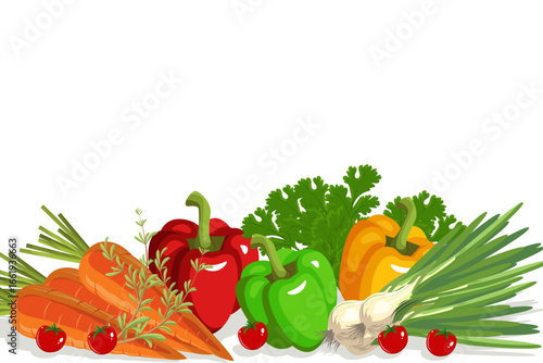 A vibrant illustration of fresh vegetables including carrots, peppers, cherry tomatoes, green onions, and herbs on a white background.