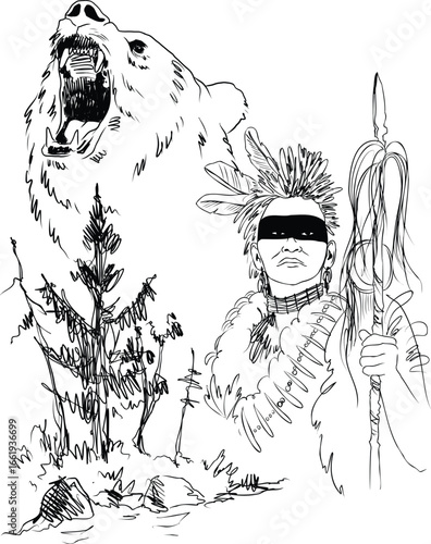 Hand-drawn sketch of a Native American elder holding a ceremonial staff, with a bear spirit and mountain landscape. Spiritual and cultural illustration in line art style.