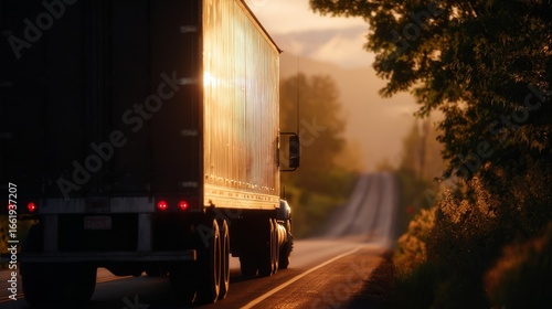 A semi-truck parked on a rural road during golden hour, rear lights glowing,