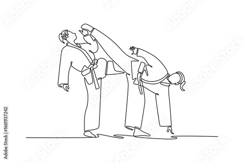 Single continuous line drawing female fighter delivering a decisive kick to her opponent. Symbolizing power, skill, and the outcome of a match. Dynamic one line draw graphic design vector illustration