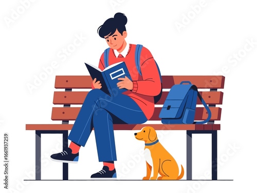 Reading Under the Sun: a young person immersed in a book, alongside a loyal friend, basking in the outdoor serenity of reading, study or leisurely pursuit of information.
