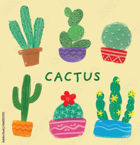Hand Drawn Colorful Cactus Vector Clipart Set, Watercolor Style Succulent Plants in Decorative Pots