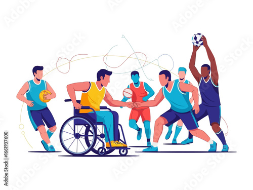 Teamwork on the Court: A vibrant illustration captures the essence of inclusive sportsmanship, with athletes of diverse abilities collaborating in a spirited game, emphasizing unity, respect.
