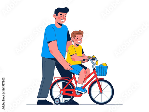 Learning to Ride: A father guides his son in his first bike ride, capturing a moment of paternal love and the joy of childhood in a vector illustration.
