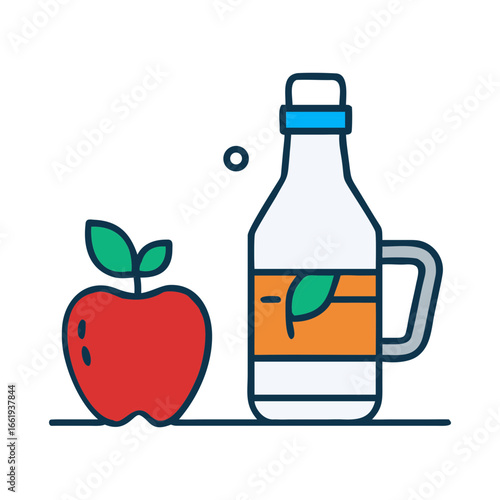 Healthy red apple and refreshing apple juice bottle illustration