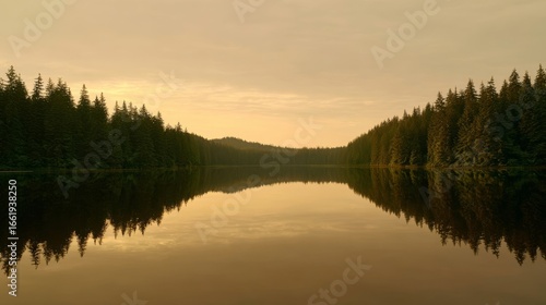A serene landscape with a tranquil lake surrounded by dense evergreen forests,