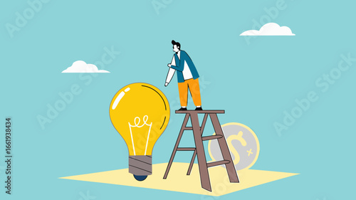 funding new innovative project, investing or VC venture capital to support business startup idea, raising funds to start a business, businessman inserts gold coins into business light bulb idea
