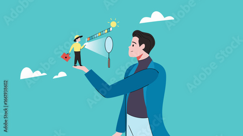 employee performance evaluation, assessment of employee competency development, annual review to achieve business goals, businessman using magnifying glass to review employees with diagram graph
