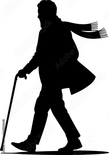 A pure black silhouette of an adult walking outdoors in a relaxed morning stroll 