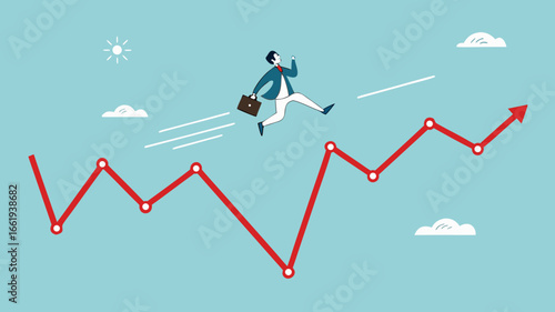 Overcoming financial problems in business or investment with businessman jumping over falling financial graph, creative idea or solution to solve problem, business challenge concept illustration
