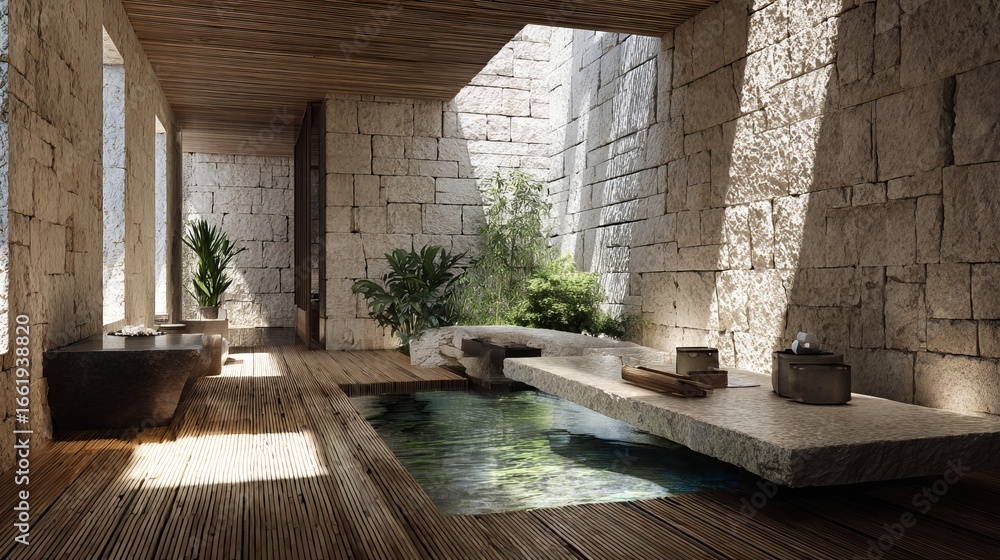 Fototapeta premium Serene Minimalist Spa Retreat with Natural Stone Walls and Tranquil Water Features Surrounded by Lush Greenery