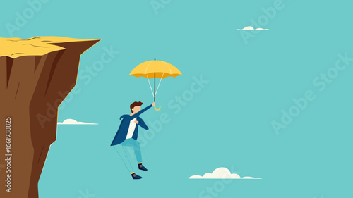 insurance, health or life insurance, guarantee or personal protection from the dangers of accident or disease, businessman survived using an insurance umbrella when he fell from a cliff

