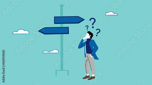 Illustration of a businessman who is confused about choosing his career direction, flat design choosing concept
