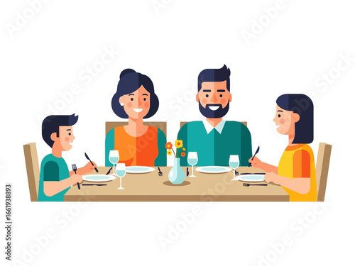 Family Meal Time: A vector illustration of a happy family sitting around a dinner table, enjoying a meal together. capturing the warmth of togetherness and everyday moments.
