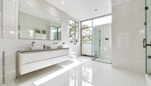 Wallpaper Mural Bright, Modern Bathroom with White Tiles, Vanity, and Walk-in Shower Torontodigital.ca