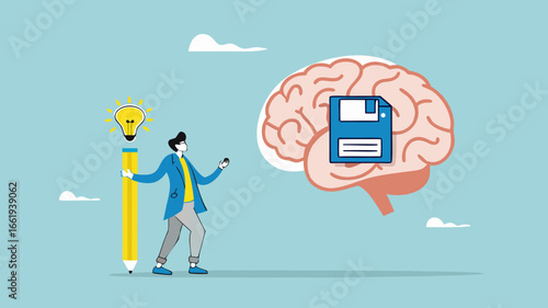 idea memory, reminder of productive plans or new business strategy, thinking skills to form good work habits, remembering or studying work plans, businessman store work plan data in the human brain
