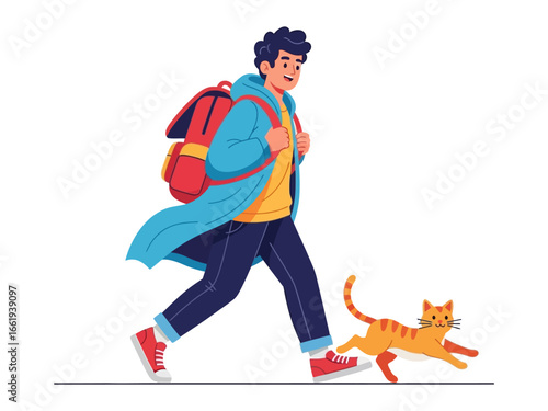 Boy Walking with Cat: A friendly boy, with a rucksack, strides energetically alongside his happy orange cat in this lively illustration of outdoor fun and pet companionship.