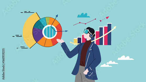 analyze financial data using virtual reality and augmented reality technology, businessman analyzes company marketing and investment chart using mixed reality headset concept vector illustration

