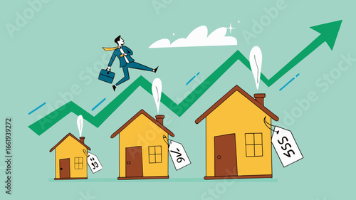 real estate or property growth concept, Housing price rising up, businessman running on rising green graph on house roof concept vector illustration with flat design style
